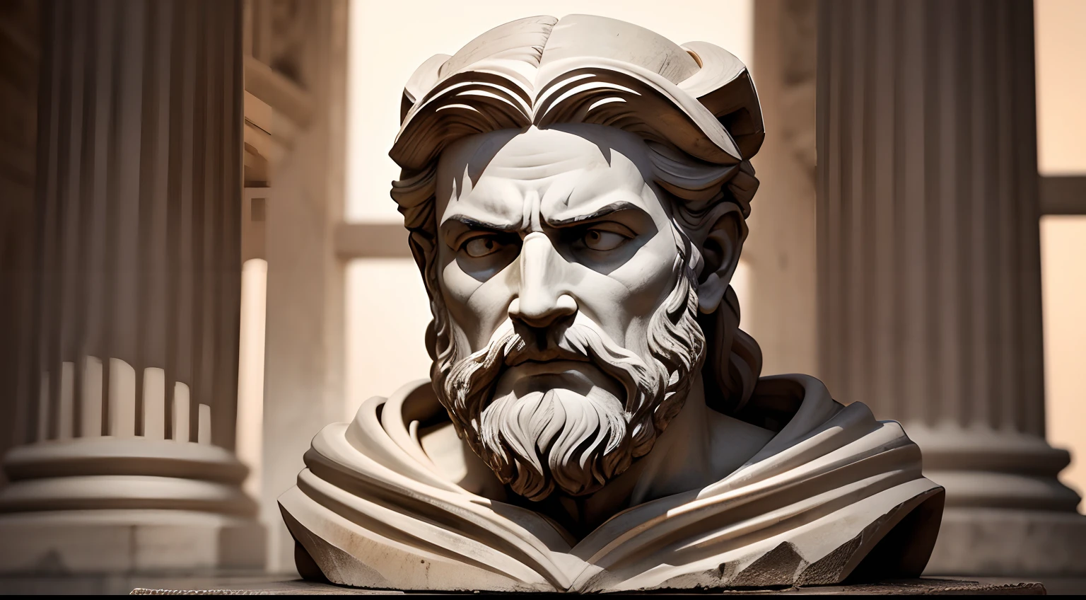 Ancient Greek statue with angry expression, Outside, com rosto extremamente detalhado, com barba, well-defined traits, whole body view, Colors with low saturation with dark tone, Filmado em Sony A7S III com Sony FE 35mm f/1.8, 12.1 MP, --AR 3:2 --estilo cru