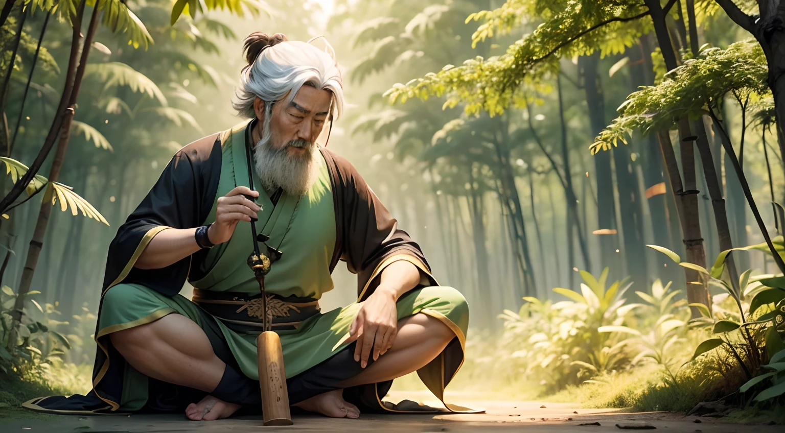 Chinese philosopher Laozi, idoso, em uma floresta de bambu