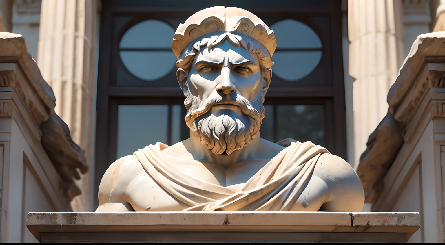 Ancient Greek statue with angry expression, Outside, com rosto extremamente detalhado, com barba, well-defined traits, whole body view, Colors with low saturation with dark tone, Filmado em Sony A7S III com Sony FE 35mm f/1.8, 12.1 MP, --AR 3:2 --estilo cru