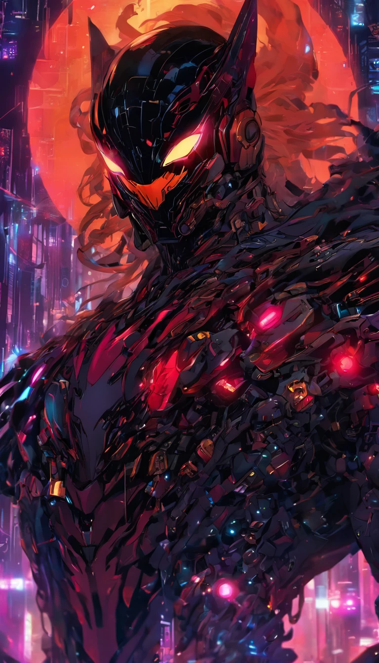 Espelho quebrado semelhante a teia de aranha，Escuro_fantasia,Cyberpunk,(motosserra,motosserra,vermelho:1.1),1homem,mechanical marvel,robotic presence,Cyber Guardians, vestindo um terno mech desgastado, intrincado, (steel metal [oxidado]), elegante, Clear focus, Fotografado por：Greg Rutkowski, soft lighting, cores vibrantes, master part, ((Rua)), cowboy shot, dynamic pose,