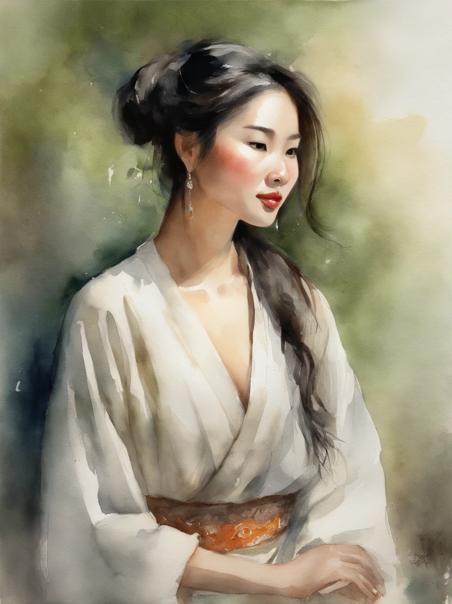 Watercolor painting of a Very Beautiful chinese girl : : Trending on Artstation: : Simple composition creates a sense of order and harmony. The painting reflects the spiritual qualities of the natural world. --up light --ar 9:16