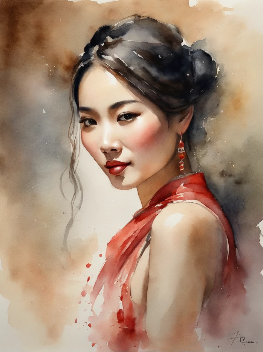 Watercolor painting of a Very Beautiful chinese girl : : Trending on Artstation: : Simple composition creates a sense of order and harmony. The painting reflects the spiritual qualities of the natural world. --up light --ar 9:16