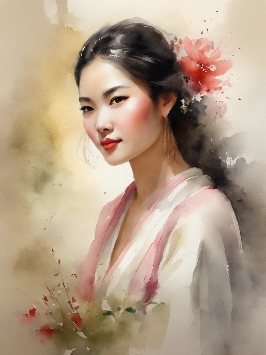 Watercolor painting of a Very Beautiful chinese girl : : Trending on Artstation: : Simple composition creates a sense of order and harmony. The painting reflects the spiritual qualities of the natural world. --up light --ar 9:16