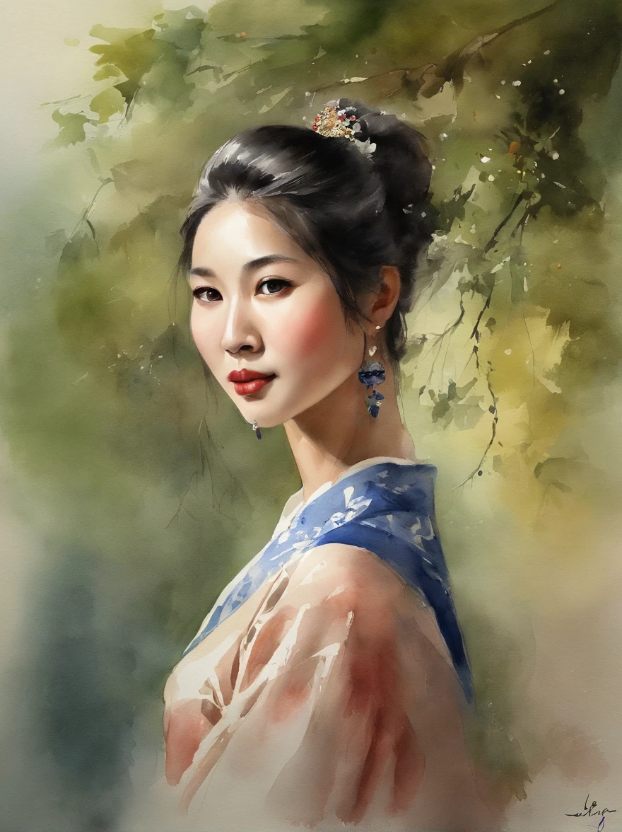 Watercolor painting of a Very Beautiful chinese girl : : Trending on Artstation: : Simple composition creates a sense of order and harmony. The painting reflects the spiritual qualities of the natural world. --up light --ar 9:16