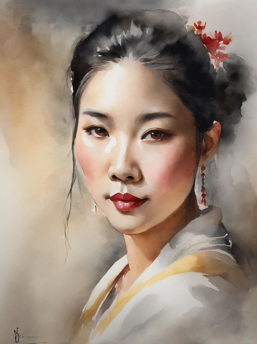 Watercolor painting of a Very Beautiful chinese girl : : Trending on Artstation: : Simple composition creates a sense of order and harmony. The painting reflects the spiritual qualities of the natural world. --up light --ar 9:16