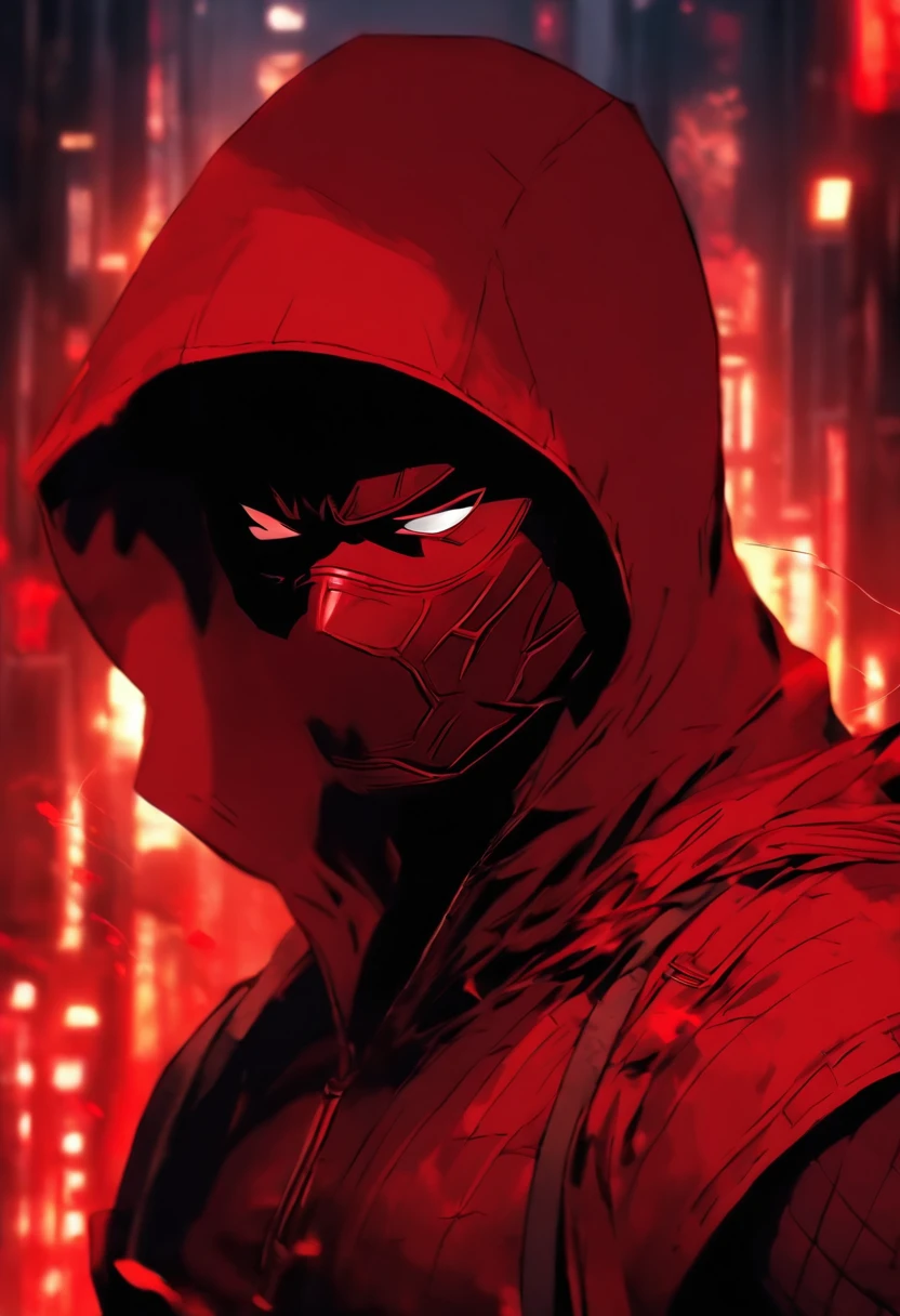 Daredevil as a hooded advanced teenager dressed red with red mask and red eyes and very small horns in live action and hooded as an anime ninja version