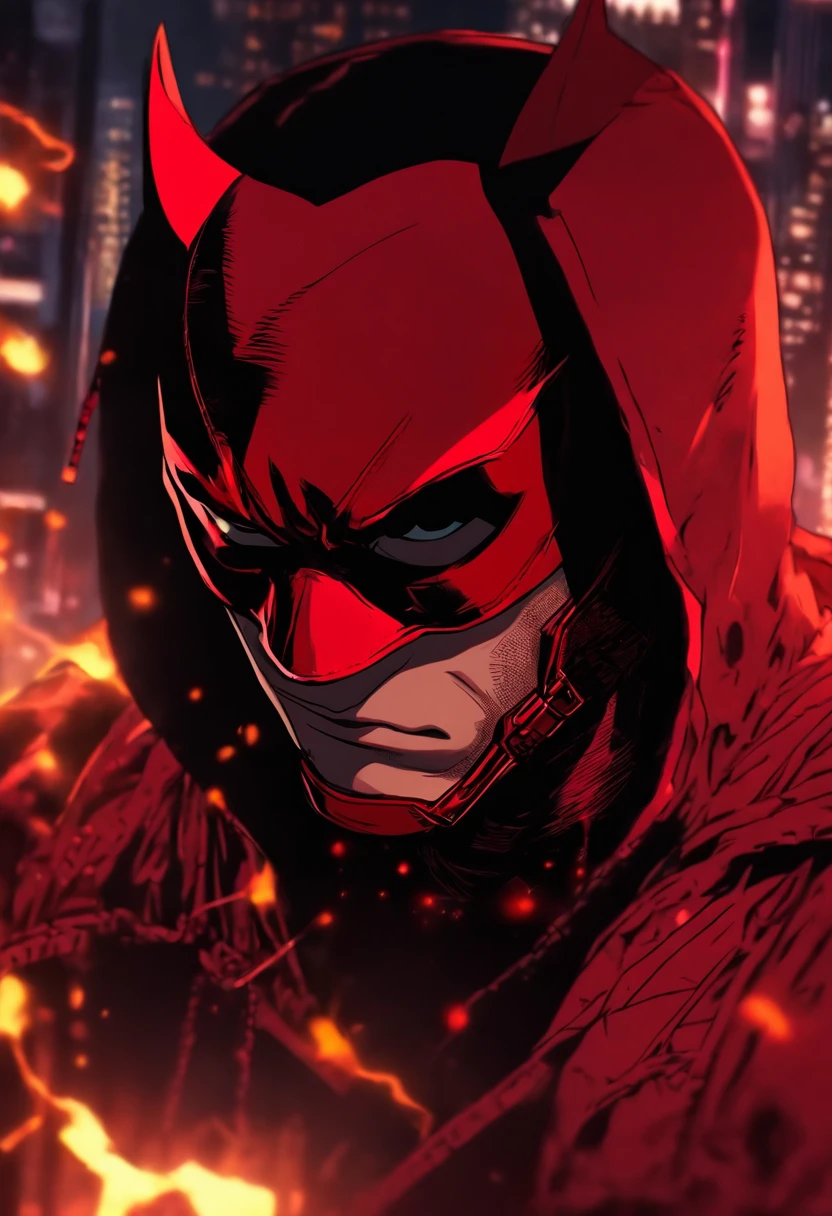 Daredevil as a hooded advanced teenager dressed red with red mask and red eyes and very small horns in live action and hooded as an anime ninja version