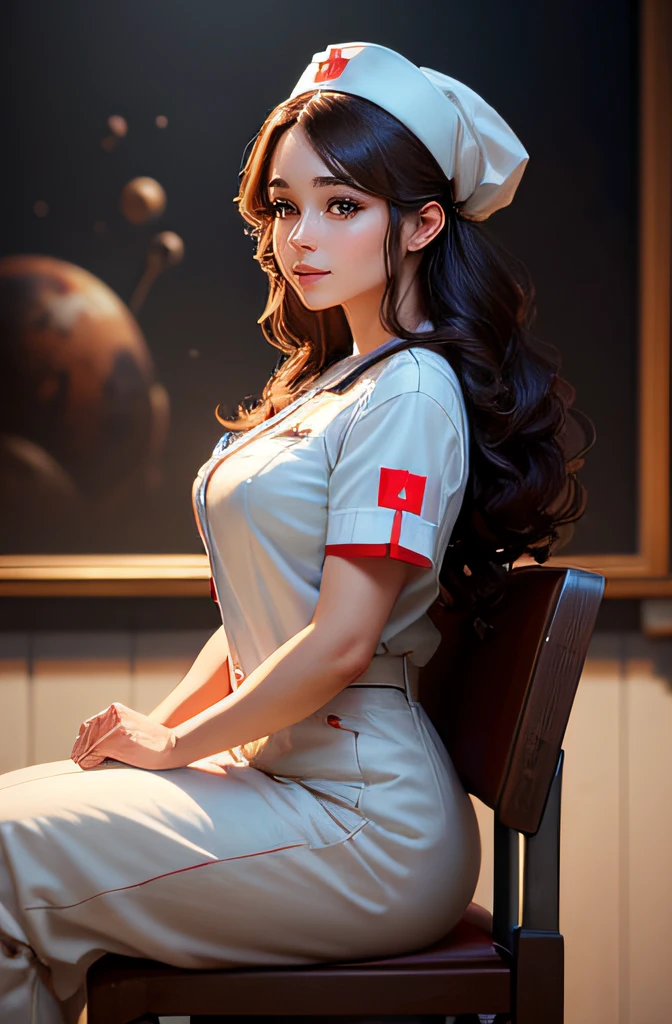 full shot body photo of the most beautiful artwork in the world featuring beautiful nurse, sitting on hospital, smiling, white outfit, nostalgia, sexy, stethoscope, heart professional majestic oil painting, Intricate, High Detail, Sharp focus, dramatic, photorealistic painting art , strong post, (Realistic), Hyperrealistic illustrations, alta resolução, ultra-detalhada, absurdos,(Arte Fractal:1.3)、Hairstyle Random、choclate brown hair、TIRO DE CORPO INTEIRO、retro、foco preciso、randome pose、cinema4d、Drama