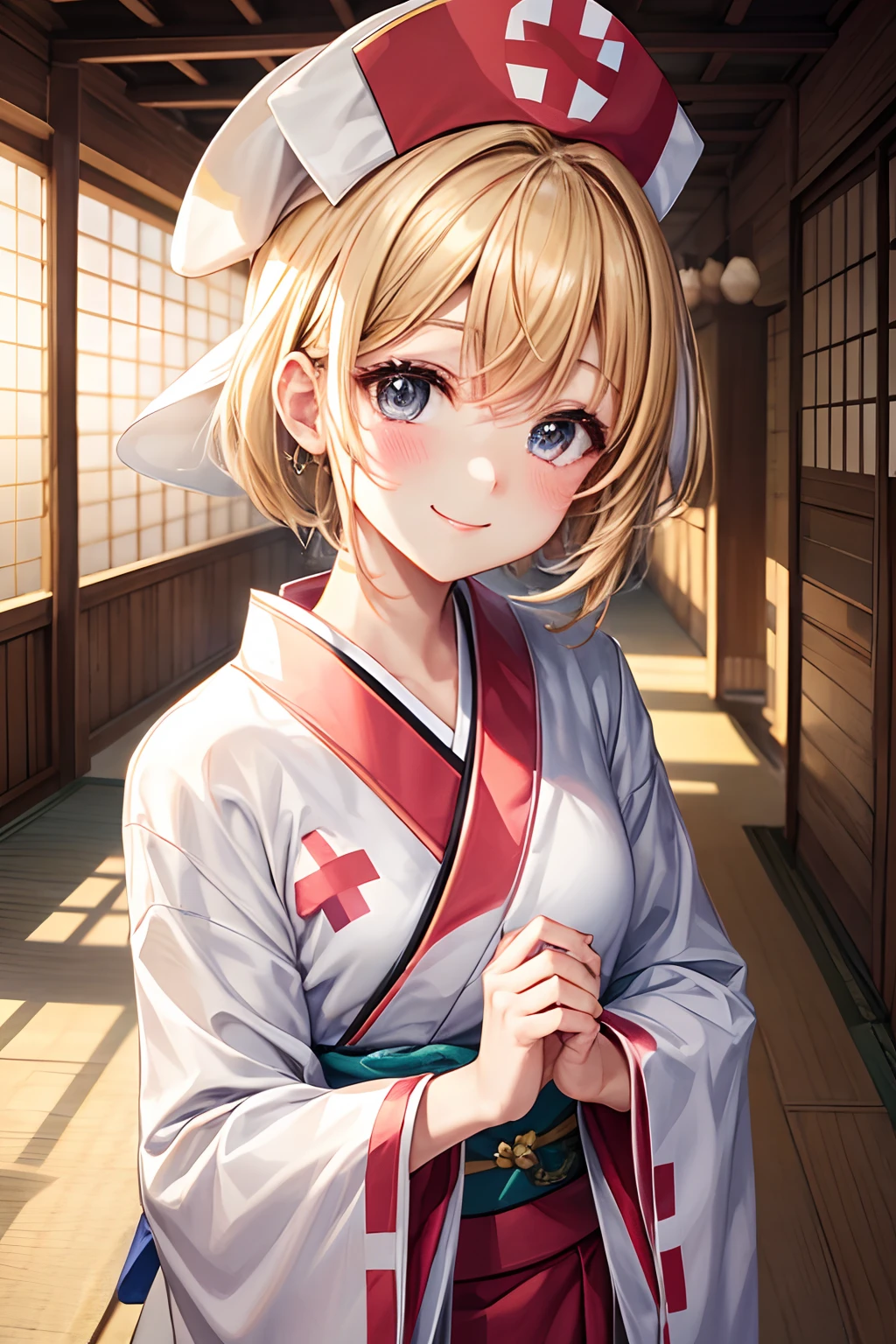 No hats、Best Quality、shairband, Nurse、Very cute、A smile、short-hair、Golden head hair、shrines、I want to blush、Staring at this、Hats do not、winc、Kimono、