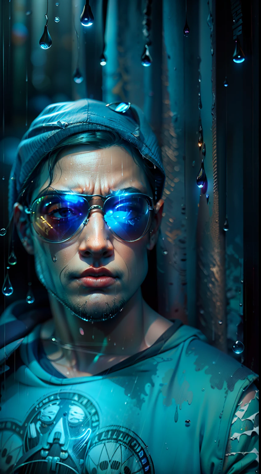 1人, hacking, Hood, sunglasses, holding a worm pill and a blue one, movie set, neon light ends, Night, rain, voluminetric lighting, Best quality, Masterpiece, Realistic