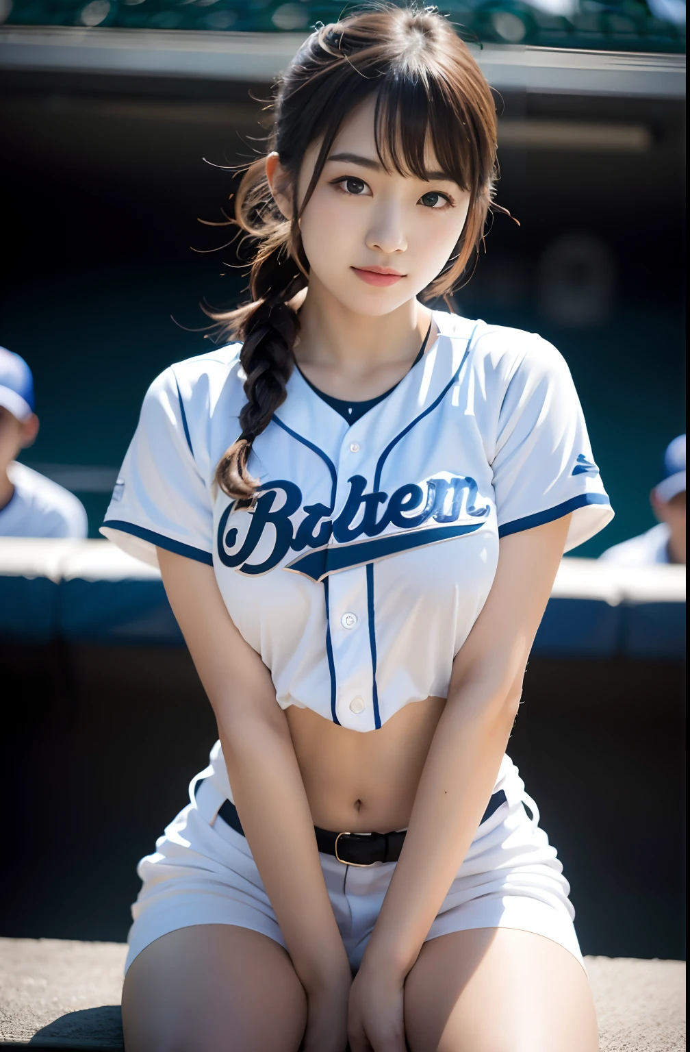(8K, Raw photo, top-quality, masterpiece: 1.2), masterpiece, super detailing, Ultra-high decomposition energy A, (Realistic and realistic photos: 1.37), high-definition RAW color photography, Very delicate and beautiful., About Igree, 8K Wallpaper, astonishing, detaileds, extremely detailed eye, highlydetailed skin, extremely detailed fingers, highly detailed nose, highly detail mouth, perfect anatomia,1girll, (Baseball Uniforms), hazy, blured background, Blurred foreground, blush, braid, pectoral muscles, depth of fields, eyebrows visible through hair, Frild, hair between eye, Baseball Stadium, jewely,uniform、Navel dashi、Having a bouquet、look up at viewer, Short hair, Sitting, Solo, Colossal tits、乃木坂アイドル、韓国アイドル、hposing Gravure Idol、 Star、18year old、tall、韓国アイドル、乃木坂アイドル、 Star、hposing Gravure Idol、((full body Esbian)), ((Gravure Pose))