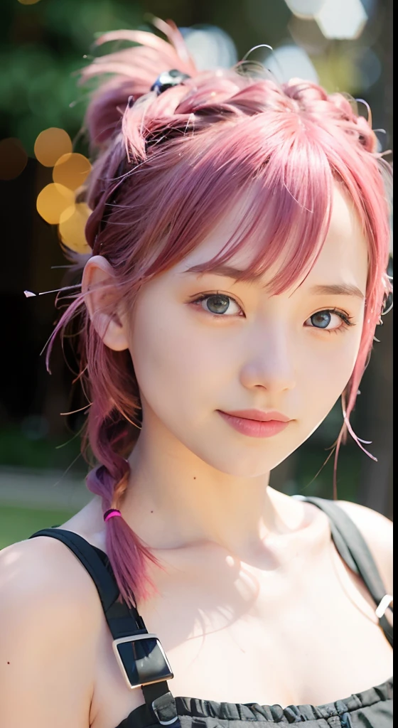 (ultra-detailliert), police uniform with、Blue eyes,The upper part of the body、full body Esbian、faces、(A smile:1.5),(facing front:1.2), 20yr old, s girl,no tail,(no tail),2D, masterpiece, top-quality, animesque, A detailed eye, A detailed face, girl with, Only 1 person,Medium hair with pink hair, (Pink hair), Ear Hair, small tits, Single braid, (Single braid), (Side braid), Background bokeh