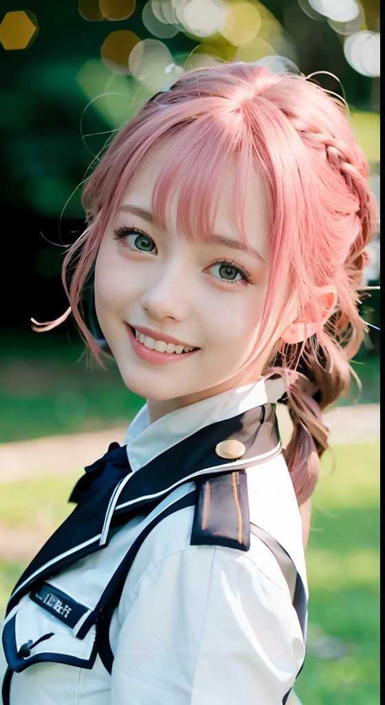 (ultra-detailliert), police uniform with、Blue eyes,The upper part of the body、full body Esbian、faces、(A smile:1.5),(facing front:1.2), 20yr old, teens girl,no tail,(no tail),2D, ​masterpiece, top-quality, animesque, A detailed eye, A detailed face, girl with, Only 1 person,Medium hair with pink hair, (Pink hair),  Ear Hair, small tits, Single braid, (Single braid), (Side braid), Background bokeh