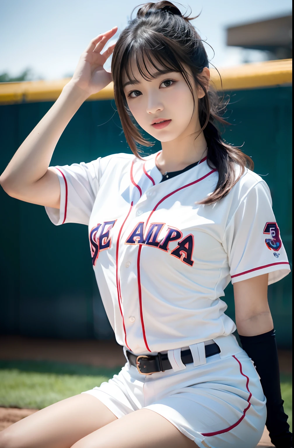 (8K, Raw photo, top-quality, masterpiece: 1.2), masterpiece, super detailing, Ultra-high decomposition energy A, (Realistic and realistic photos: 1.37), high-definition RAW color photography, Very delicate and beautiful., About Igree, 8K Wallpaper, astonishing, detaileds, extremely detailed eye, highlydetailed skin, extremely detailed fingers, highly detailed nose, highly detail mouth, perfect anatomia,1girll, (Baseball Uniforms), hazy, blured background, Blurred foreground, blush, braid, pectoral muscles, depth of fields, eyebrows visible through hair, Frild, hair between eye, Baseball Stadium, jewely,uniform、Navel dashi、Having a bouquet、look up at viewer, Short hair, Sitting, Solo, Colossal tits、乃木坂アイドル、韓国アイドル、hposing Gravure Idol、 Star、18year old、tall、韓国アイドル、乃木坂アイドル、 Star、hposing Gravure Idol、((full body Esbian)), ((Gravure Pose))