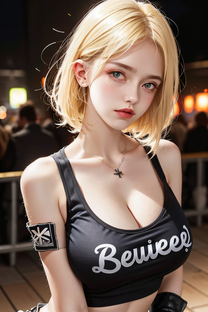 (1girls), riesige Titte, boobplate, Also, Befeuchtet die Haut, verschwitzte Haut, Gewelltes Blond, Punk T-Shirt, punk girl,big, bare cleavage,