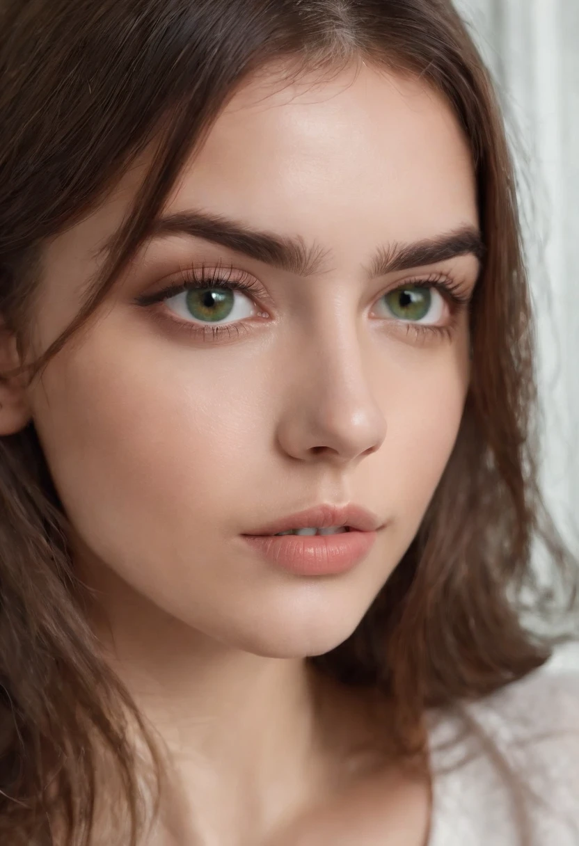 Arafed Mujer con una camiseta blanca sin mangas y un collar, Chica sexy con ojos verdes, Retrato Sophie Mudd, brown hair and large eyes, selfie de una mujer joven, Ojos del dormitorio, Violeta Myers, sin maquillaje, Maquillaje natural, staring directly into camera, cara con artgram, maquillaje sutil, Impresionante foto de cuerpo completo, penetrantes ojos verdes\