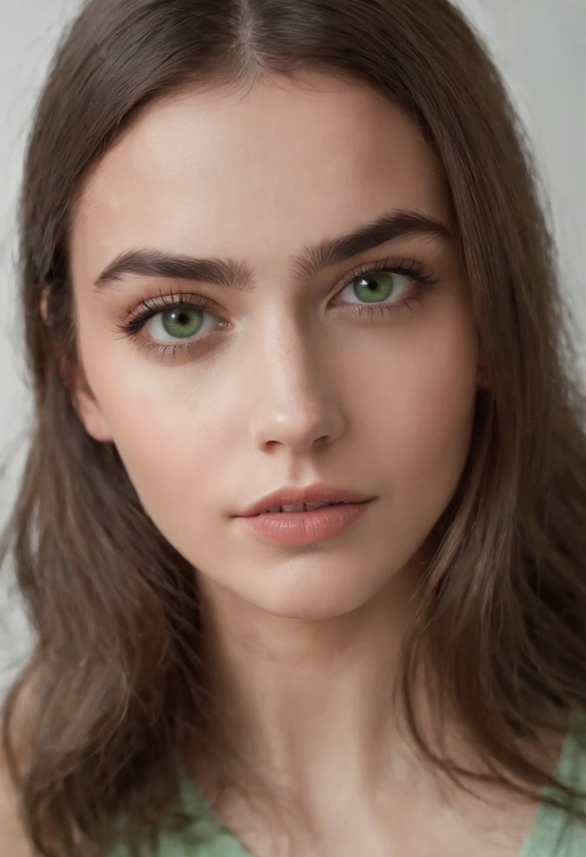 Arafed Mujer con una camiseta blanca sin mangas y un collar, Chica sexy con ojos verdes, Retrato Sophie Mudd, brown hair and large eyes, selfie de una mujer joven, Ojos del dormitorio, Violeta Myers, sin maquillaje, Maquillaje natural, staring directly into camera, cara con artgram, maquillaje sutil, Impresionante foto de cuerpo completo, penetrantes ojos verdes\