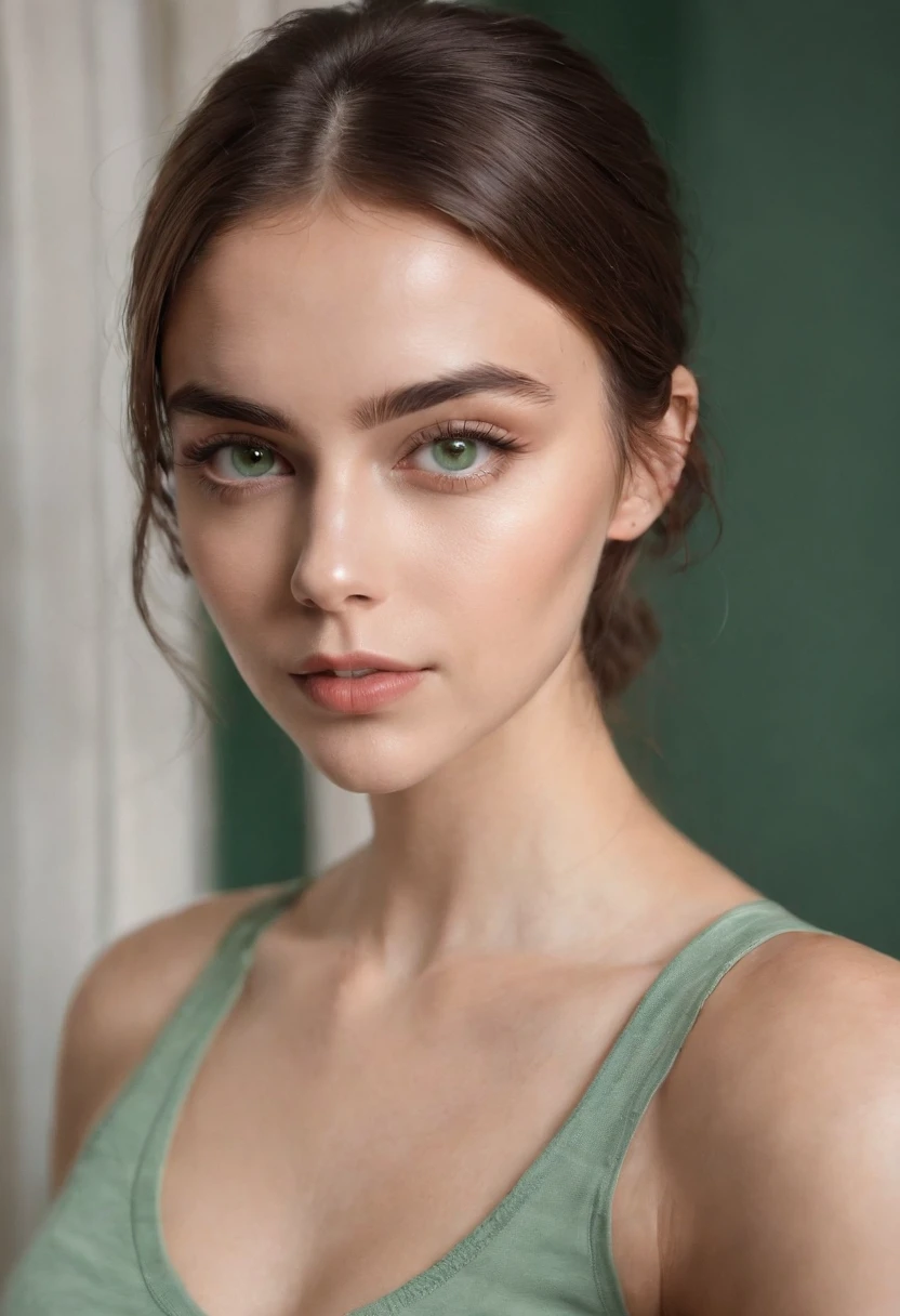 Arafed Mujer con una camiseta blanca sin mangas y un collar, Chica sexy con ojos verdes, Retrato Sophie Mudd, brown hair and large eyes, selfie de una mujer joven, Ojos del dormitorio, Violeta Myers, sin maquillaje, Maquillaje natural, staring directly into camera, cara con artgram, maquillaje sutil, Impresionante foto de cuerpo completo, penetrantes ojos verdes\