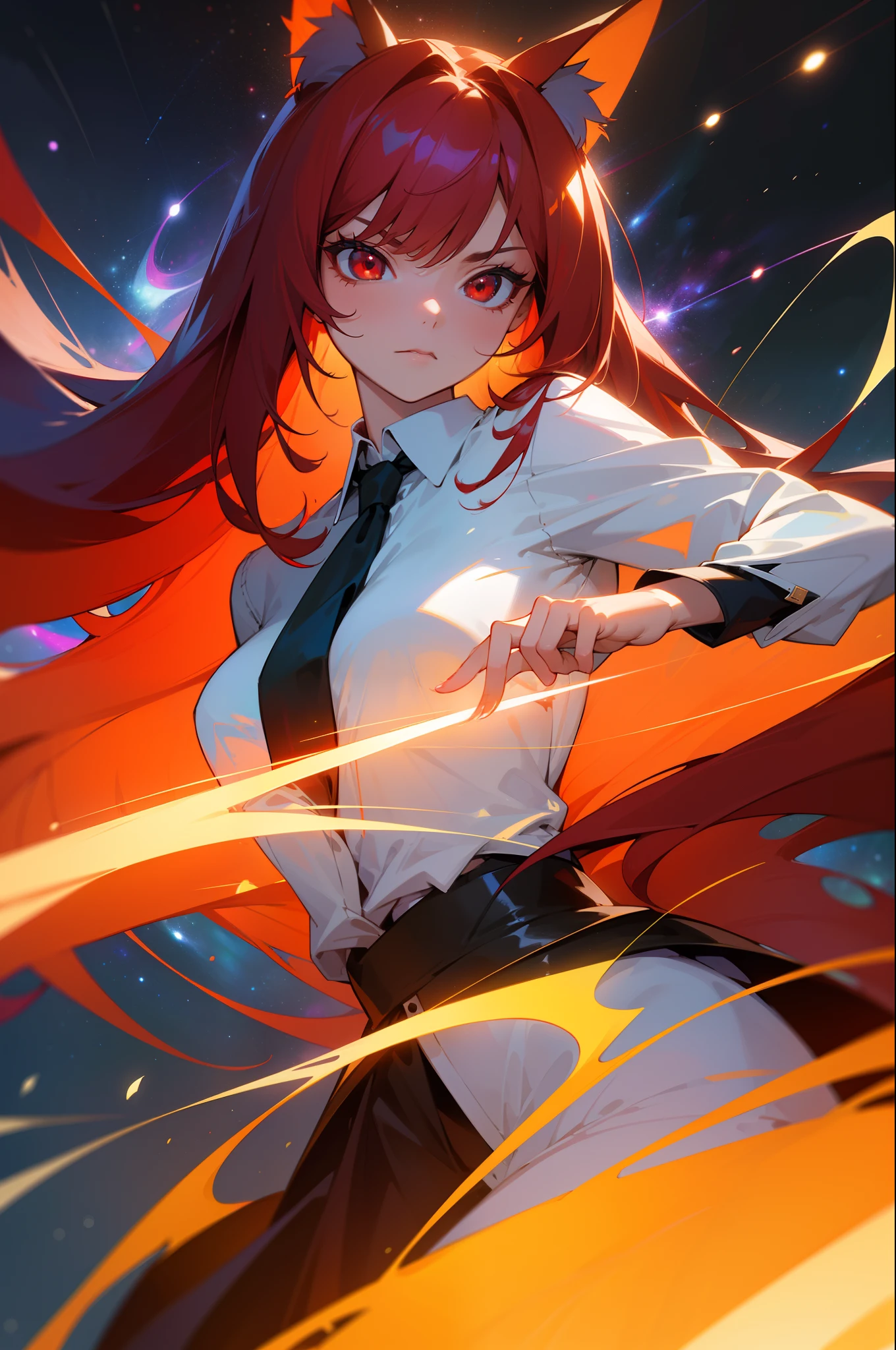 {{{masterpiece}}}}, {{{hyper detailed}}}, {{{highres}}}, {{good anatomy}}, (((best quality))), ((an extremely delicate and beautiful)), {{an extremely detailed and delicate}}, {8k cg wallpaper}, {stunning art}, {{illustration}}, {amazing}, original, mature, ((half-body shot)),intricate, (depth of field), highly detailed body, (((masterpiece))), (extremely high quality artwork), detailed face, masterwork, best quality, incredibly absurdness, ((best quality)), (ultra-detailed), (beautiful detailed eyes), (((red eyes))), ((bored eyes)), Helf-lid eyes, hyper intricate, extremely detailed girl, beautiful detailed eyes, vibrant eyes, ray tracing, [[[vibrant colors]]], from waist up, girl, sharp focus, [[best quality]], illustration, dynamic angle, depth of field, dynamic light, 1girl, ((red hair,split hair, very long hair, straight hair)), silky hair, dynamic hair, medium breasts, (red eyes), sharp eyes, long eyelashes, ((white shirt)), black tie, black shirt,fox ears,black skirt)), frown, serious expression, dynamic lights, god rays, cinematic fires, (ultra-detailed:1.3), cloudy background, fashionable, woman, vibrant, outfit, posing, front, colorful, dynamic, background, confident, expression, holding, statement, accessory, majestic, coiled, around, touch, scene, cover, bold, attention-grabbing, stylish, catchy, headline, larger, striking, modern, trendy, focus, fashion,,(((Galaxy background)))