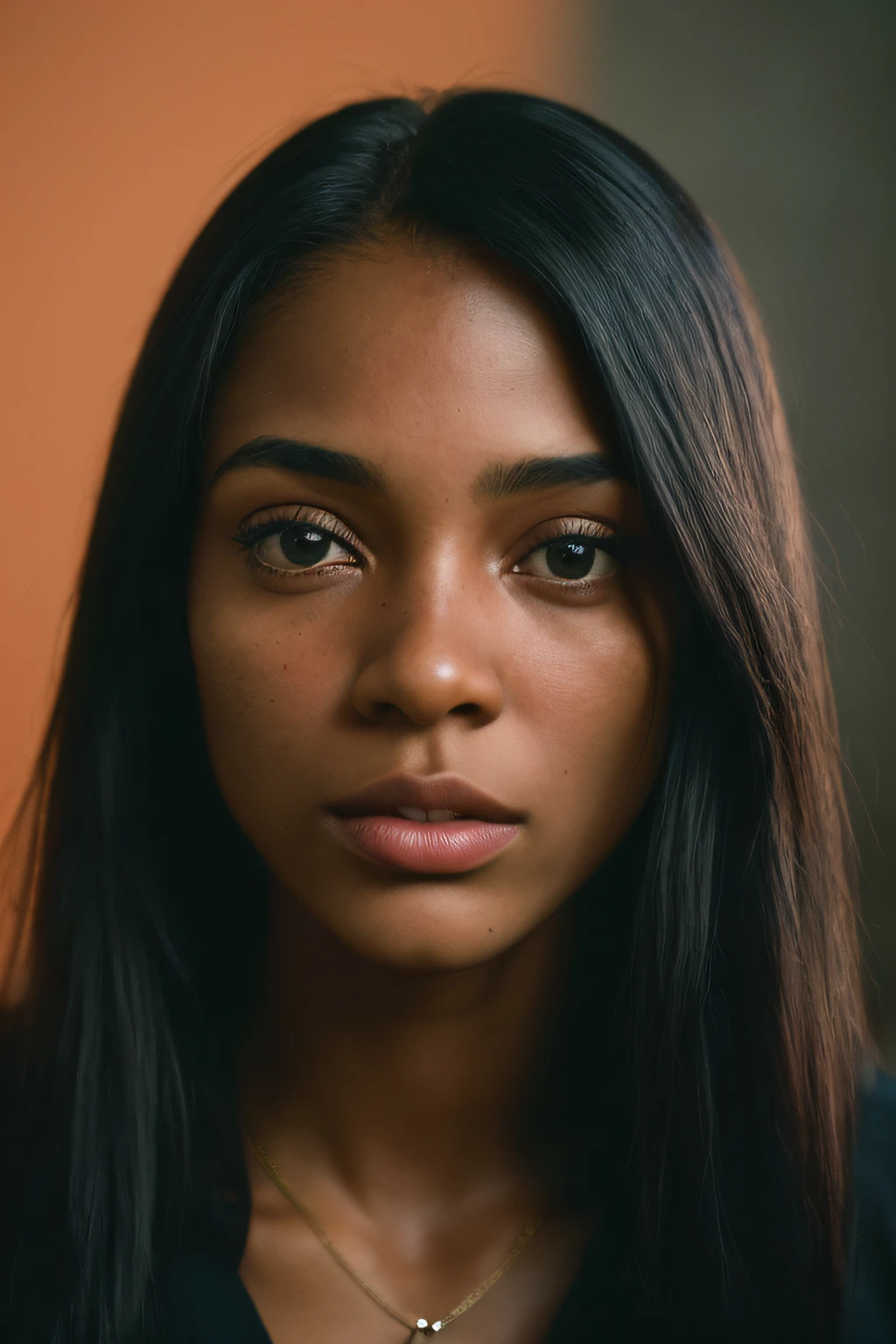 (Close-up, fotografia editorial de uma mulher de 26 anos, negra, estilo brasileira, e com cabelo ondulado preto, feminine and delicate features), (Rosto altamente detalhado:1.4) (sorrir:0.7) (fundo dentro escuro, Moody, estudo privado:1.3) Pov, Directed by: Lee Jeffries, Nikon D850 |, filme fotografia de stock ,4 Kodak Portra 400 ,camera f1.6 lentes ,cores ricas ,hyper realistic ,textura realista, dramatic lighting , cinestill 800,