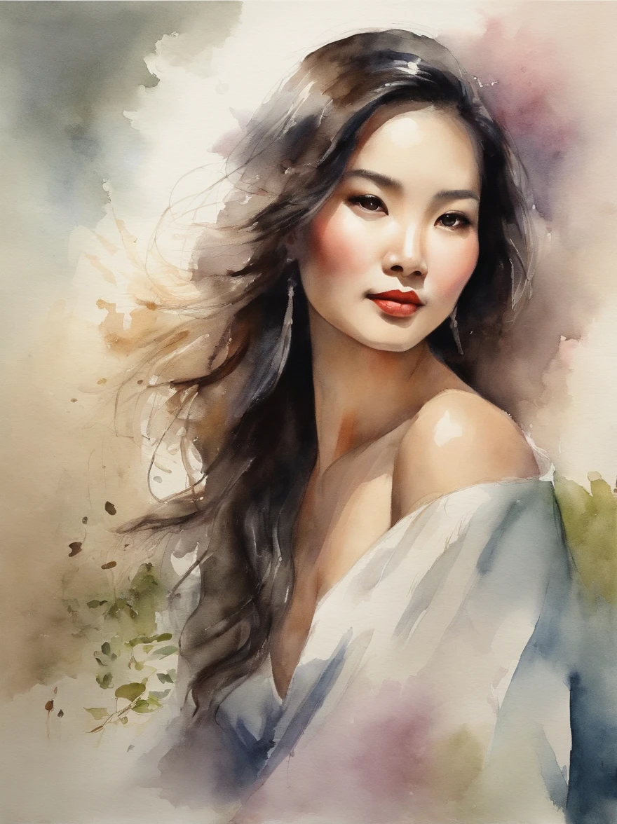 Watercolor painting of a Very Beautiful chinese girl : : Trending on Artstation: : Simple composition creates a sense of order and harmony. The painting reflects the spiritual qualities of the natural world. --up light --ar 9:16