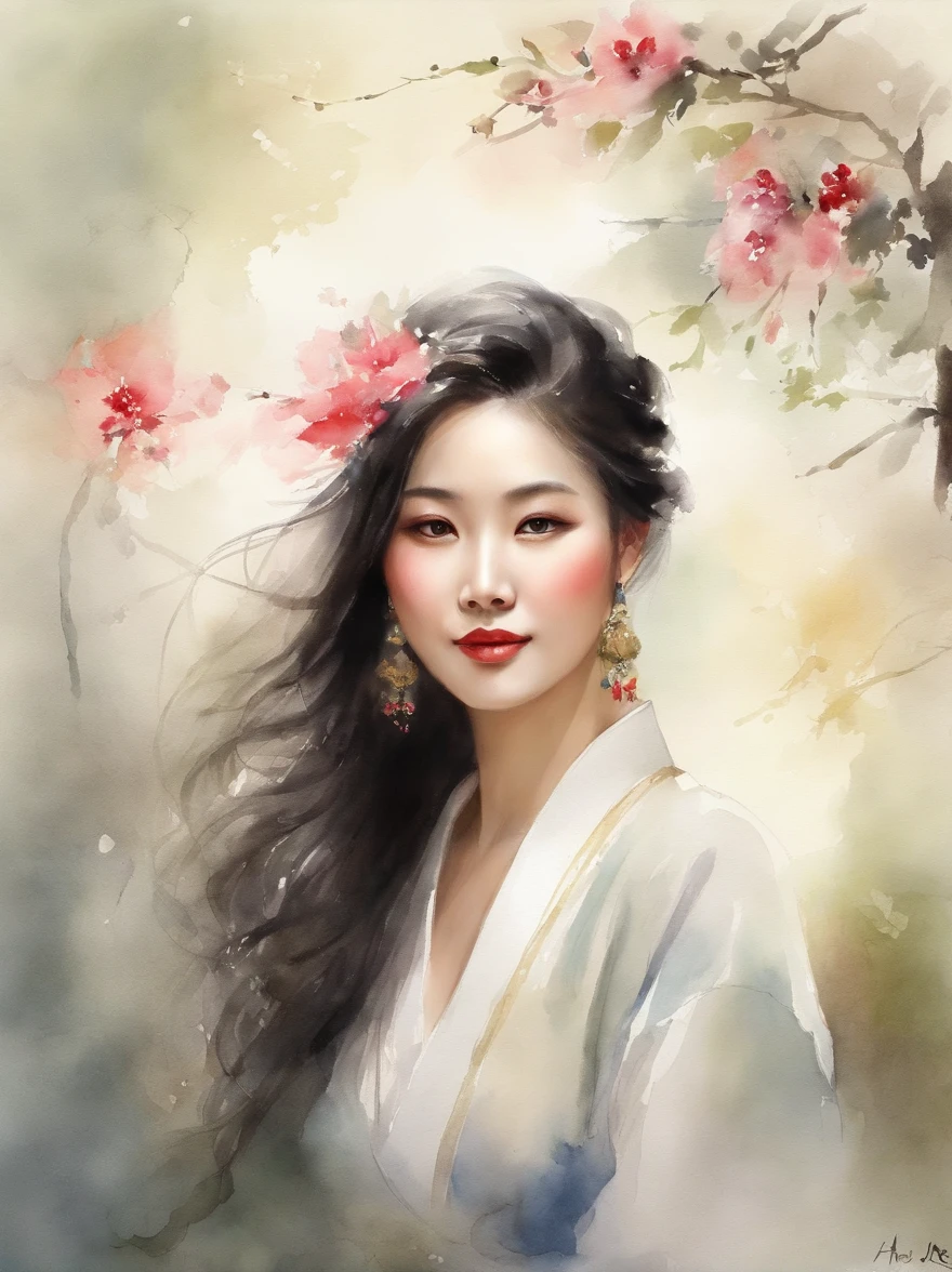Watercolor painting of a Very Beautiful chinese girl : : Trending on Artstation: : Simple composition creates a sense of order and harmony. The painting reflects the spiritual qualities of the natural world. --up light --ar 9:16
