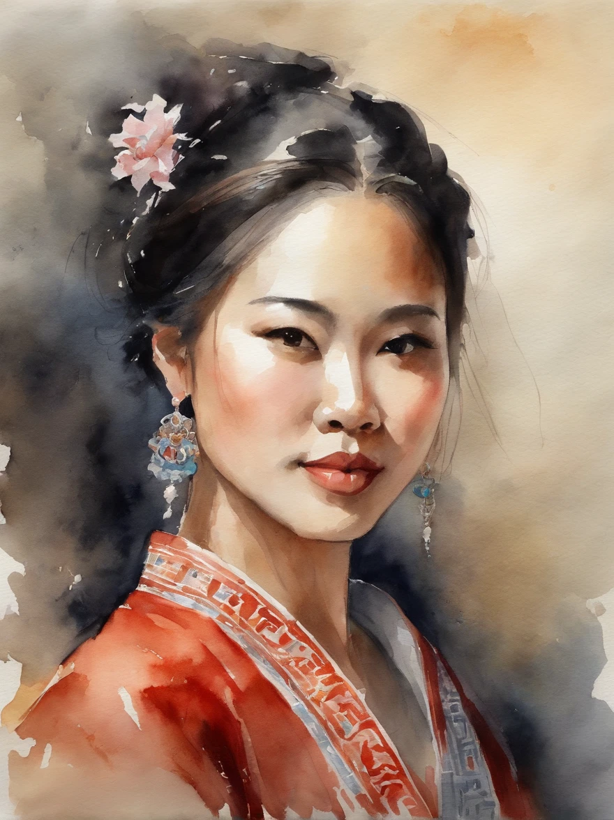 Watercolor painting of a Very Beautiful chinese girl : : Trending on Artstation: : Simple composition creates a sense of order and harmony. The painting reflects the spiritual qualities of the natural world. --up light --ar 9:16