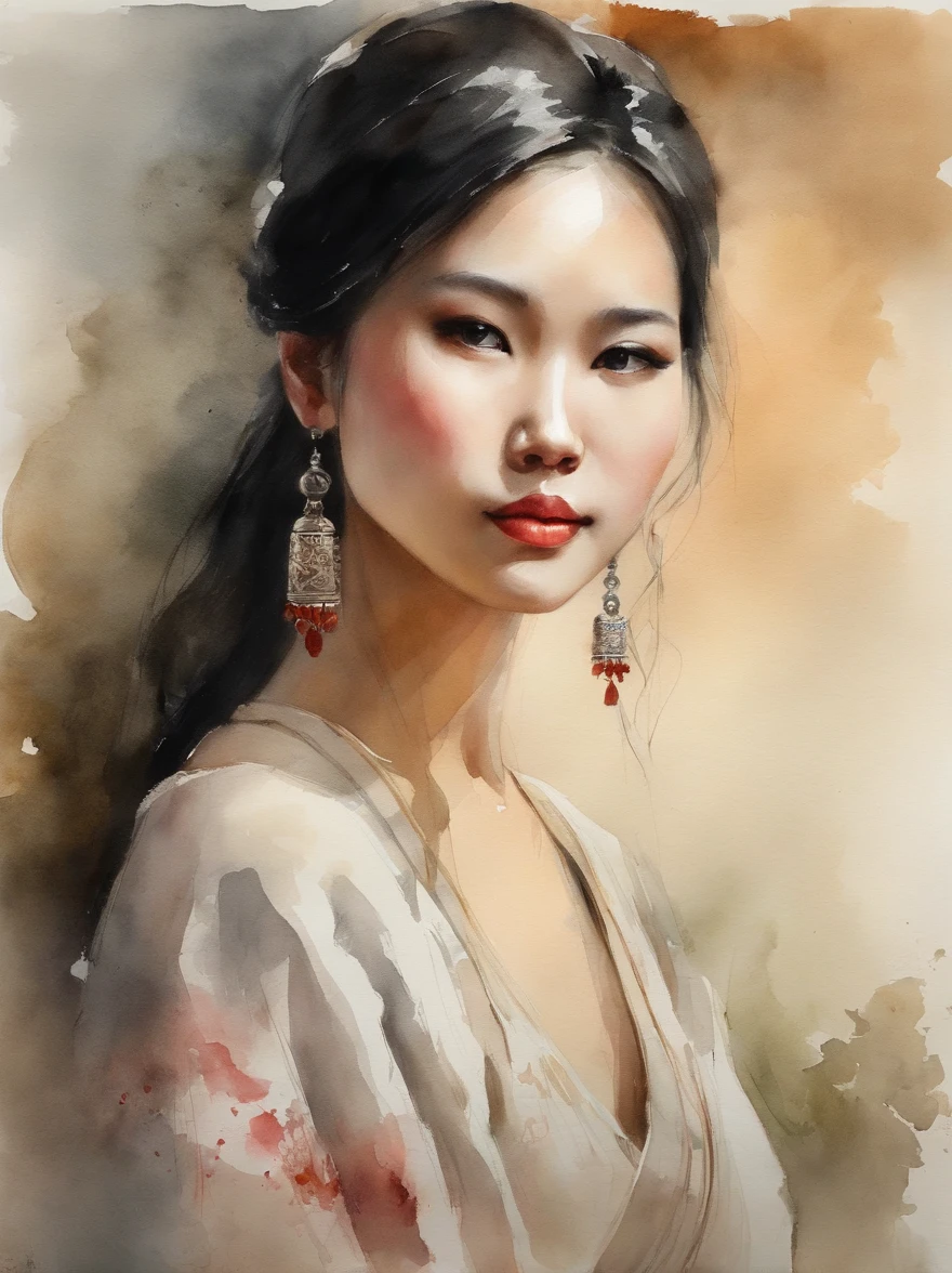 Watercolor painting of a Very Beautiful chinese girl : : Trending on Artstation: : Simple composition creates a sense of order and harmony. The painting reflects the spiritual qualities of the natural world. --up light --ar 9:16