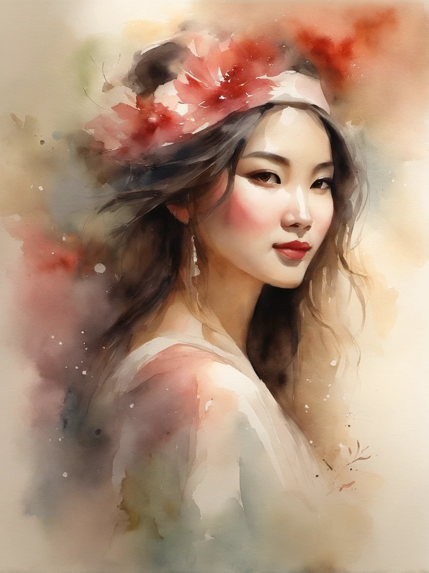 Watercolor painting of a Very Beautiful chinese girl : : Trending on Artstation: : Simple composition creates a sense of order and harmony. The painting reflects the spiritual qualities of the natural world. --up light --ar 9:16