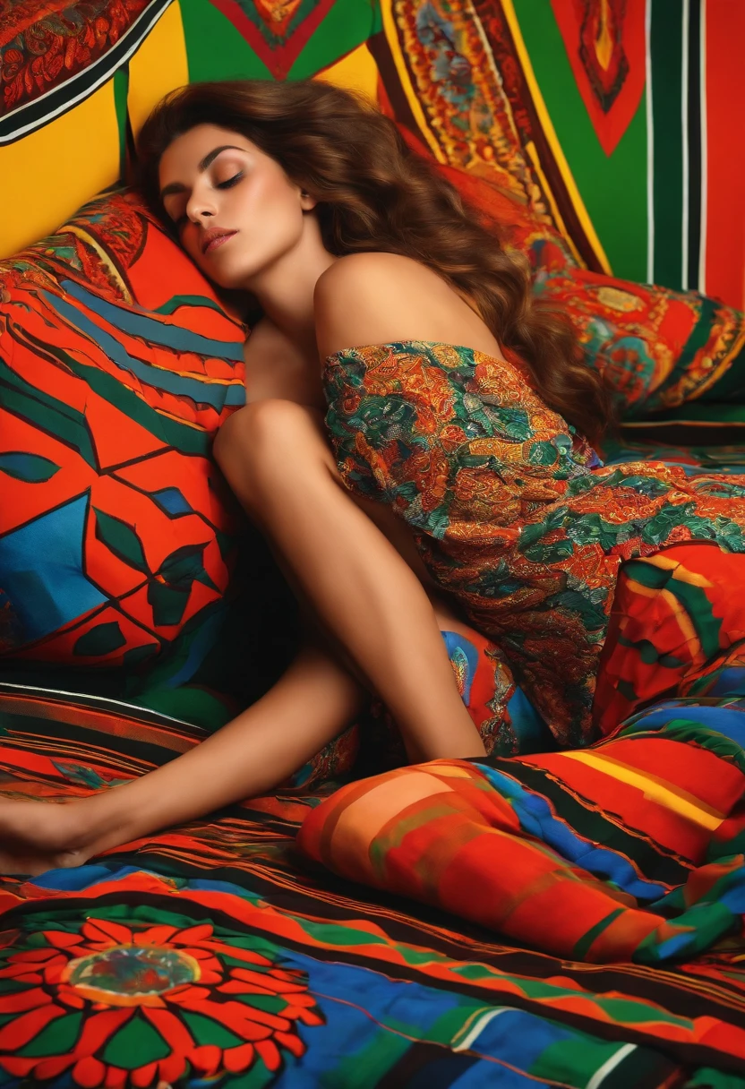 beautiful italian girl lied on a bed with her hands between her thighs, op art