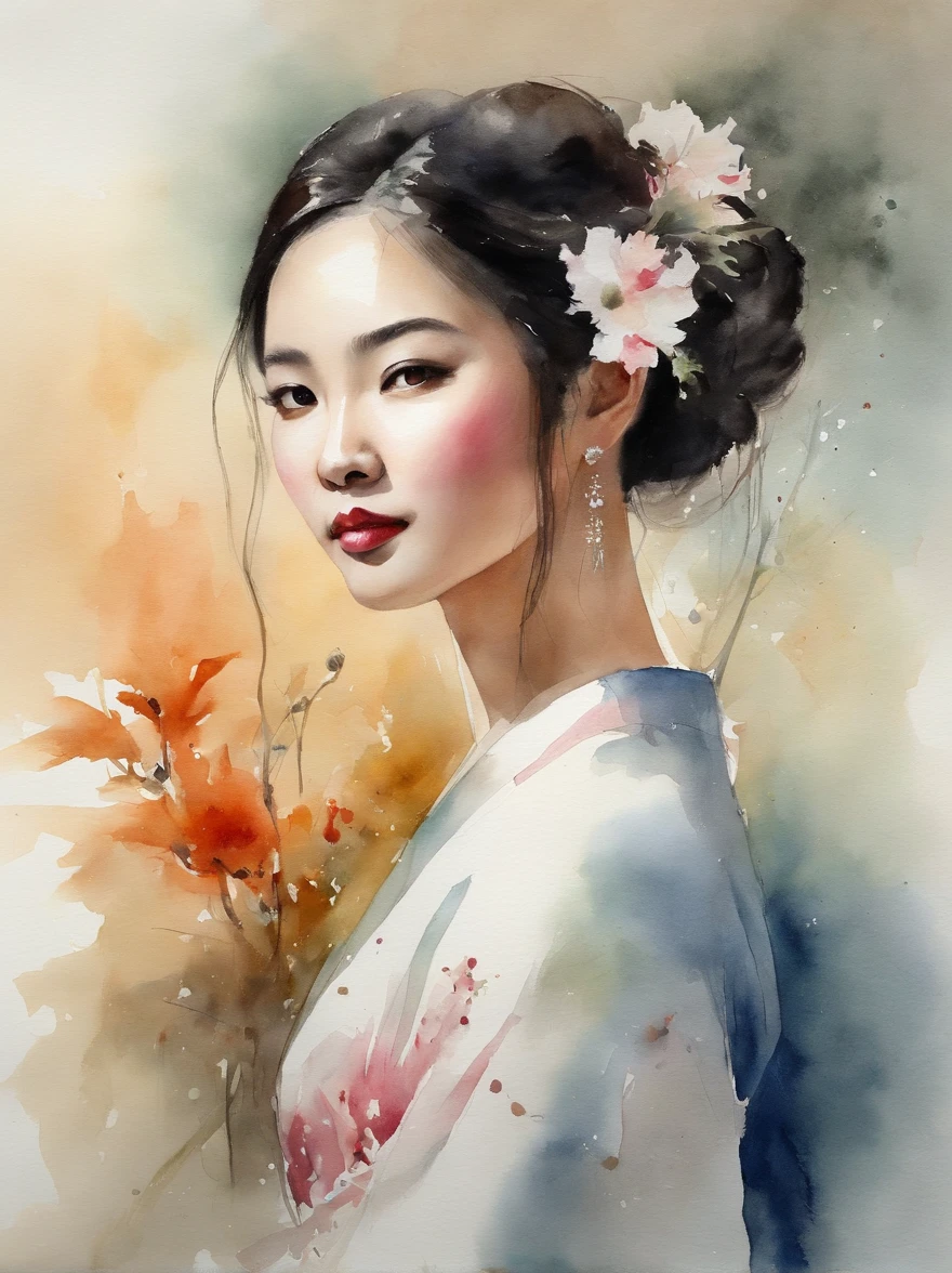 Watercolor painting of a Very Beautiful Japanese girl : : Trending on Artstation: : Simple composition creates a sense of order and harmony. The painting reflects the spiritual qualities of the natural world. --up light --ar 9:16