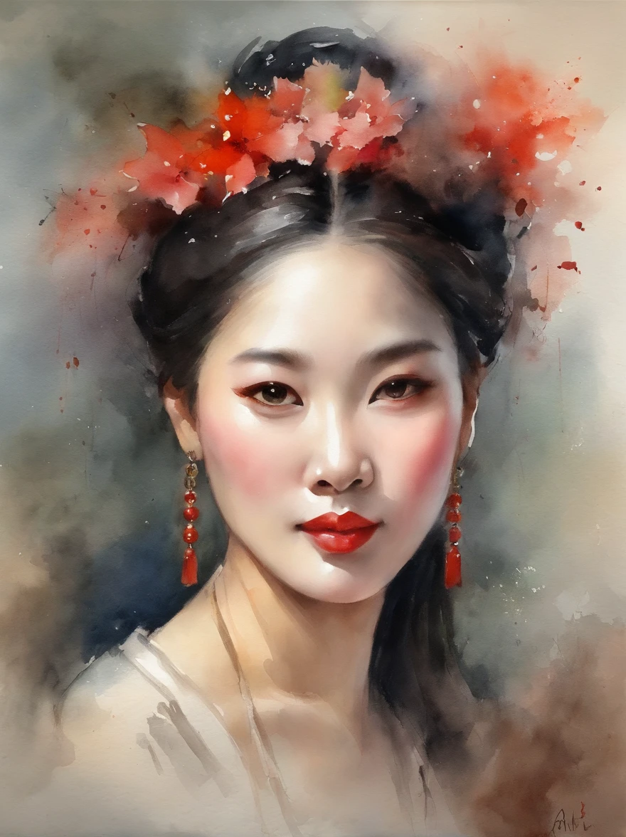 Watercolor painting of a Very Beautiful chinese girl : : Trending on Artstation: : Simple composition creates a sense of order and harmony. The painting reflects the spiritual qualities of the natural world. --up light --ar 9:16