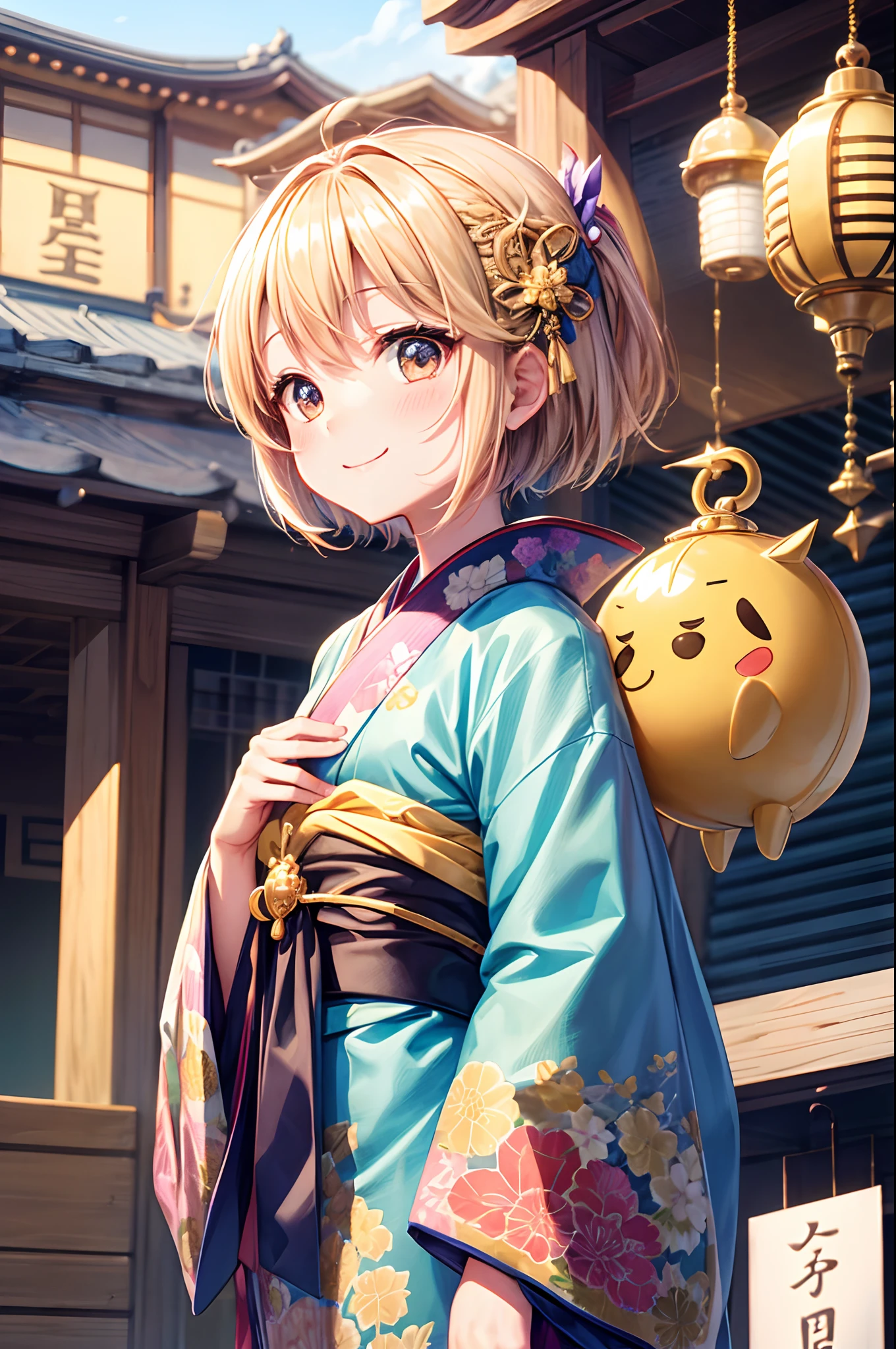 Best Quality、、Very cute、A smile、short-hair、Golden head hair、shrines、I want to blush、Staring at this、winc、Kimono、