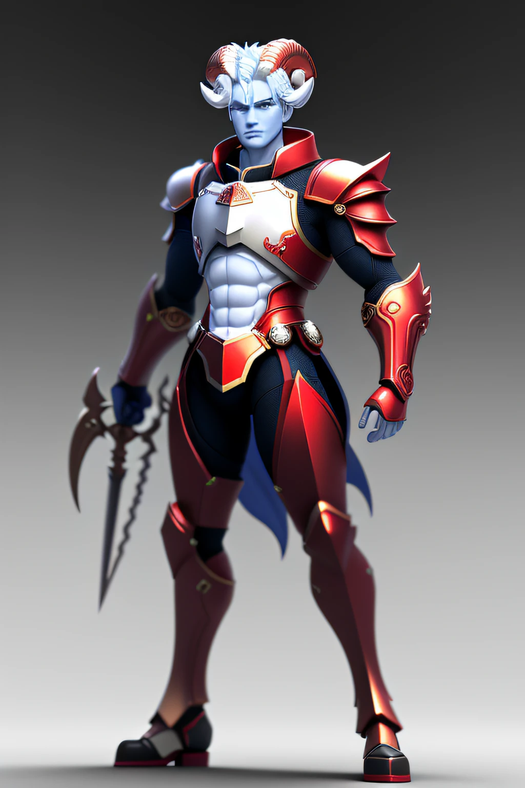 (Full Body), character design, "Aries the ram zodiac sign humanoid male" , (blue eyes, red skin, red suit of armor, , white staff, )super cute blind box style, chibi, full body, exaggerated expressions and actions, clean background, bright iridescent highlights, studio lighting, atmospheric lighting, with exquisite texture, high detail, high resolution, c4d, 3D, Blender, 8k, best quality, ultra high definition