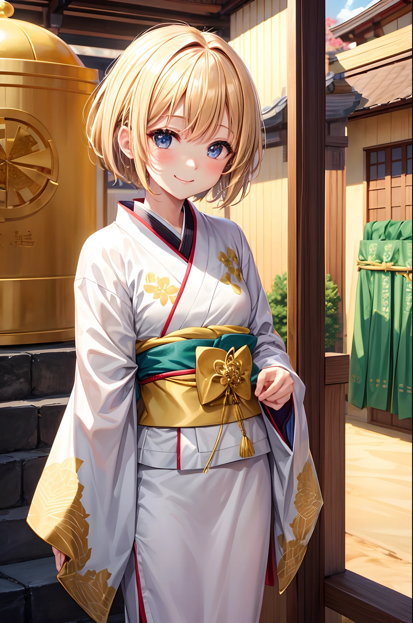 Best Quality、、Very cute、A smile、short-hair、Golden head hair、shrines、I want to blush、Staring at this、winc、Kimono、