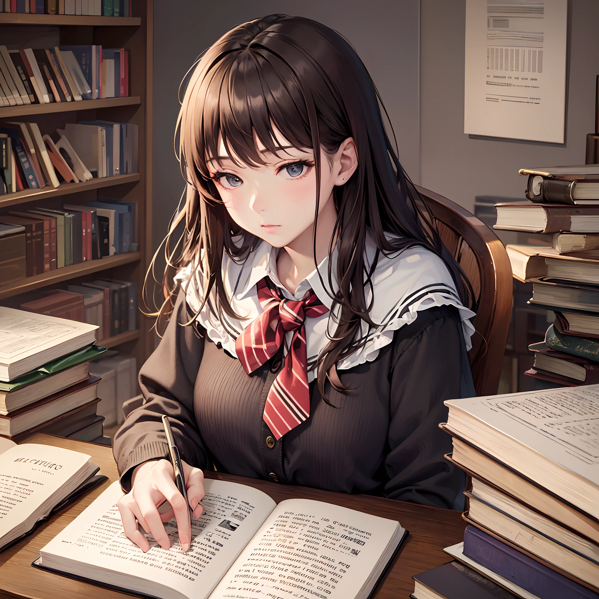 (Finest quality)),(超A high resolution),(ultra-detailliert),(Meticulous portrayal),((best pictures)),(Finest works of art),Ultra-Precision Art,The art of astounding depiction, (1 girl),Sit in a chair and doze off,Sleepy eyes, Books spread out on the study desk