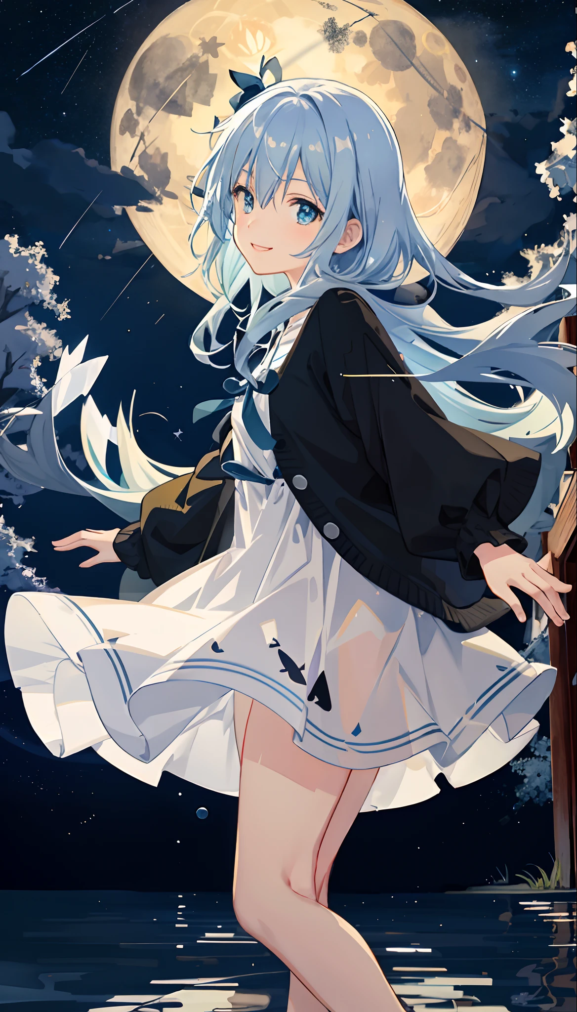 Water surface reflecting the night sky Sister turning around and smiling fullmoon dark blue skies shooting stars White dress Black cardigan Anime Art high-level image quality Yellow light Pale atmosphere
