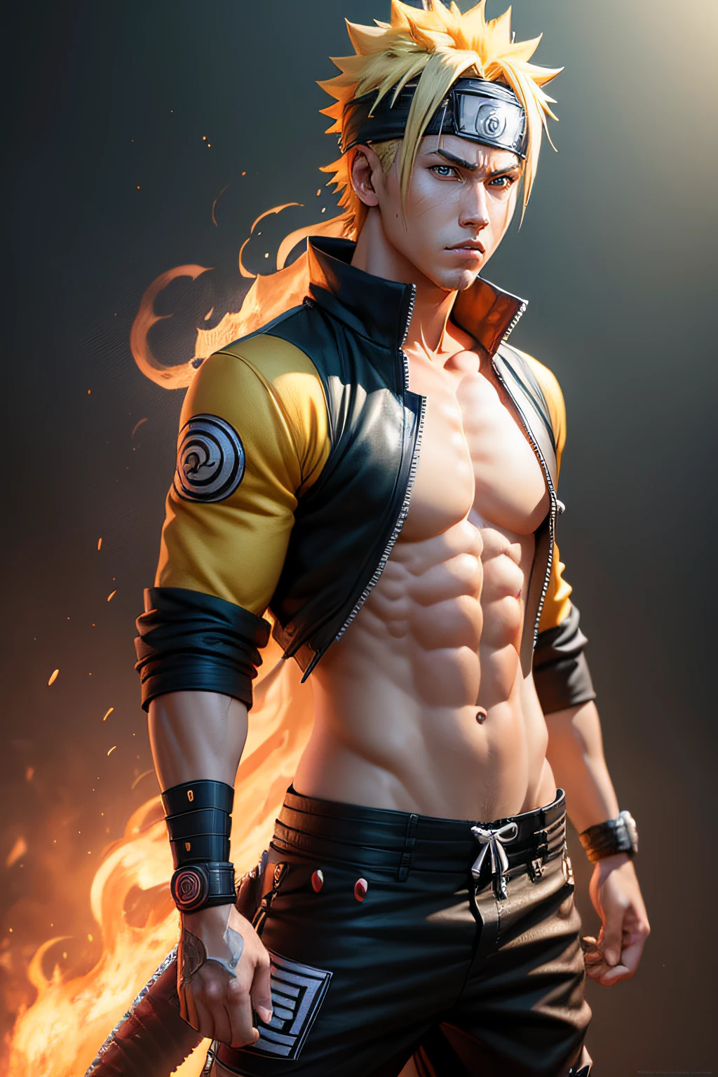 full body shot Naruto, Naruto uzumaki, Create a mascular Naruto uzumaki avatar, a close badass look. Inspired by Naruto uzumaki from Naruto, photo (photorealism) (realistic) (ultra HD) (8k wallpaper) (fine details) (extreme details on face)