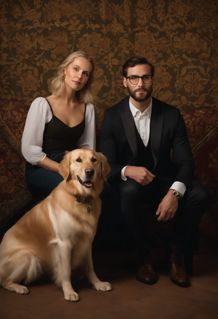 Painted portrait of sophisticated slender 30-year-old white man with black short hair, side part haircut, and short beard, sitting next to one beautiful modestly dressed blond white woman with pointy nose. One smiling golden retriever dog sits next to them, looking up adoringly. Walls behind them are covered in medieval tapestries. Man has rectangular glasses, woman does not have glasses. Golden retriever is middle-aged.