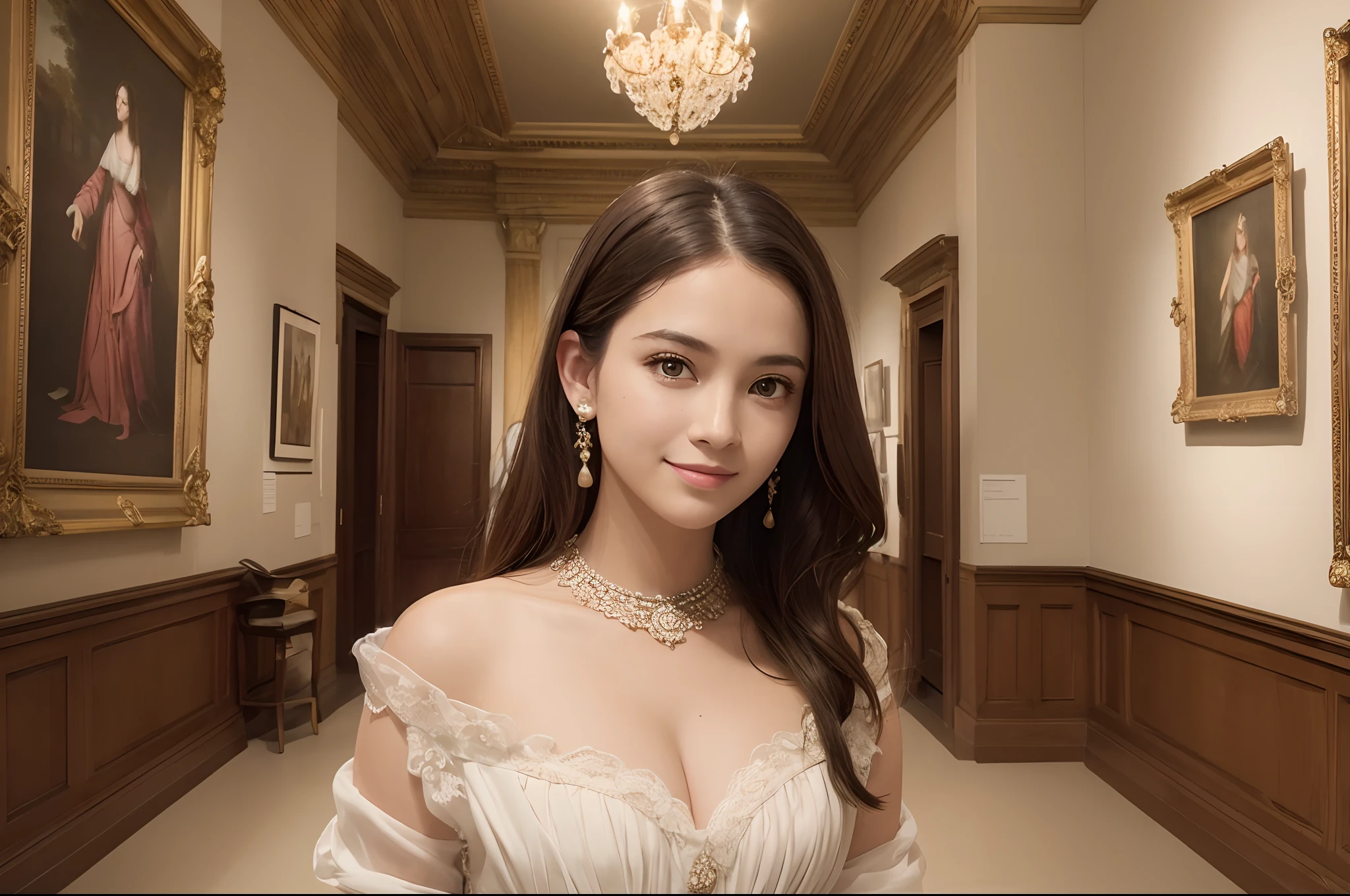photo, masterpiece, award winning, high quality, super detail, girl, solo, smile, brown hair, modern dress, earrings, detailed eyes, detailed fingers, in the art museum, BREAK, background is museum exhibition room, inside, Rococo interior, Gorgeous framed paintings are on display, natural light, BREAK, (depth of field:1.4), (vignetting:1.4)