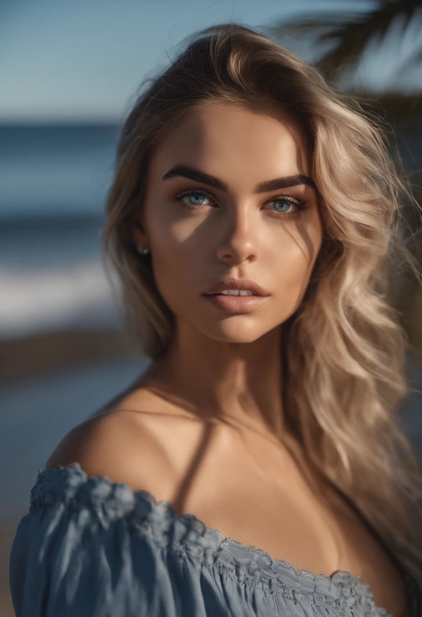 Arafed woman in full, sexy girl with blue eyes, ultra realistic, meticulously detailed, portrait of Sophie Mudd, blonde hair and big eyes, young woman selfie, bedroom eyes, violet myers, no makeup, natural makeup, looking directly at the camera, face with artgram, subtle makeup, stunning full body shot standing in front of the camera, is on the beach and in the distance you can see the ocean, large bust size