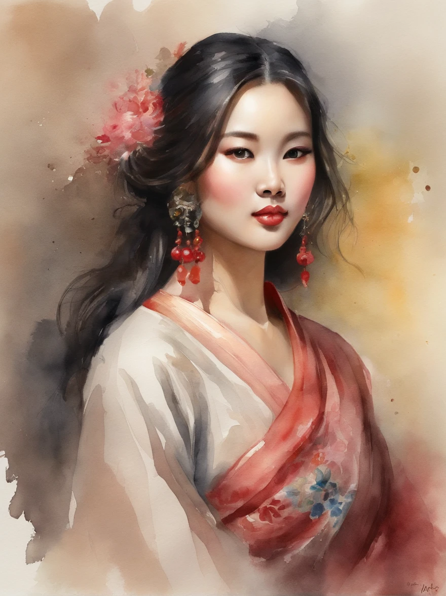 Watercolor painting of a Very Beautiful chinese girl : : Trending on Artstation: : Simple composition creates a sense of order and harmony. The painting reflects the spiritual qualities of the natural world. --up light --ar 9:16