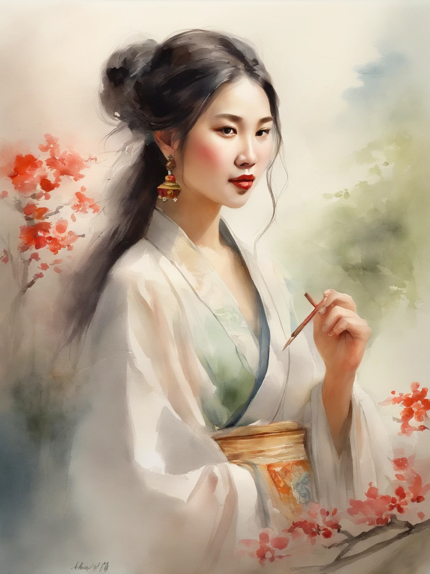 Watercolor painting of a Very Beautiful chinese girl : : Trending on Artstation: : Simple composition creates a sense of order and harmony. The painting reflects the spiritual qualities of the natural world. --up light --ar 9:16