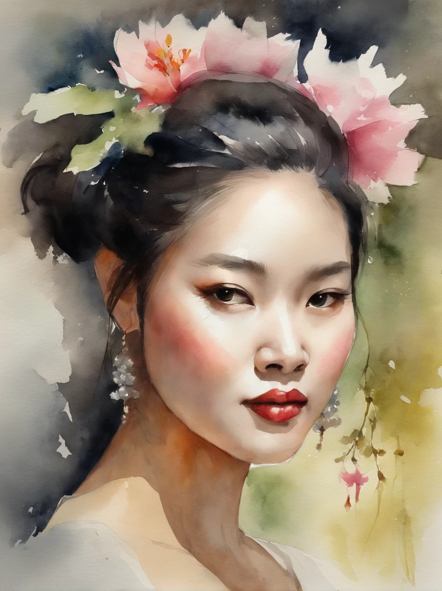 Watercolor painting of a Very Beautiful chinese girl : : Trending on Artstation: : Simple composition creates a sense of order and harmony. The painting reflects the spiritual qualities of the natural world. --up light --ar 9:16