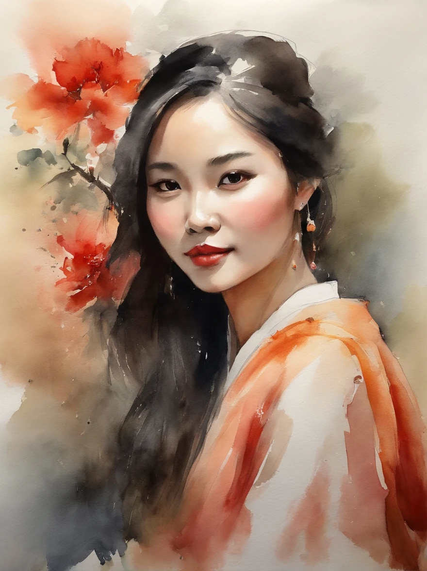 Watercolor painting of a Very Beautiful chinese girl : : Trending on Artstation: : Simple composition creates a sense of order and harmony. The painting reflects the spiritual qualities of the natural world. --up light --ar 9:16