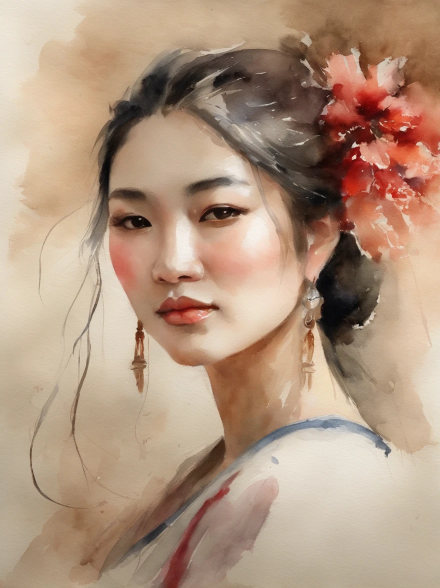 Watercolor painting of a Very Beautiful chinese girl : : Trending on Artstation: : Simple composition creates a sense of order and harmony. The painting reflects the spiritual qualities of the natural world. --up light --ar 9:16