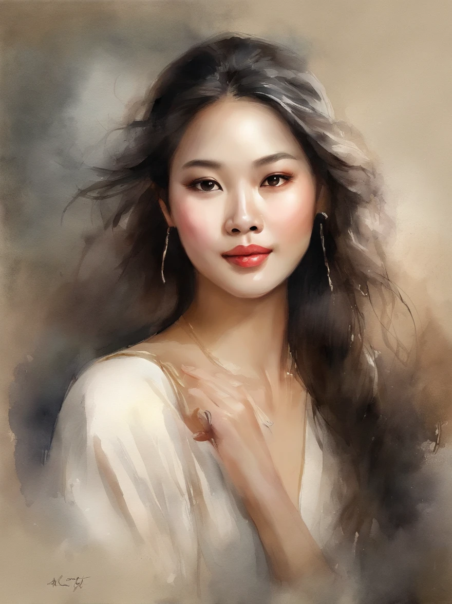 Watercolor painting of a Very Beautiful chinese girl : : Trending on Artstation: : Simple composition creates a sense of order and harmony. The painting reflects the spiritual qualities of the natural world. --up light --ar 9:16