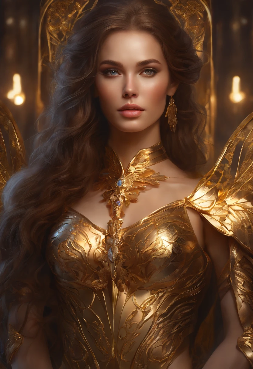 8k portrait of beautiful cyborg with brown hair, intricate, elegant, highly detailed, majestic, digital photography, art by artgerm and ruan jia and greg rutkowski surreal painting gold butterfly filigree, broken glass, (masterpiece, sidelighting, finely detailed beautiful eyes: 1.2), hdr,