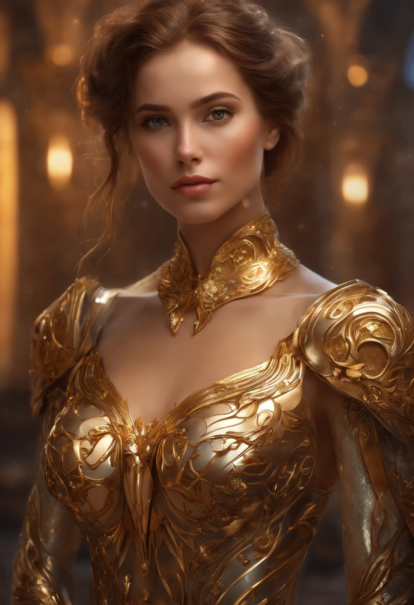 8k portrait of beautiful cyborg with brown hair, intricate, elegant, highly detailed, majestic, digital photography, art by artgerm and ruan jia and greg rutkowski surreal painting gold butterfly filigree, broken glass, (masterpiece, sidelighting, finely detailed beautiful eyes: 1.2), hdr,