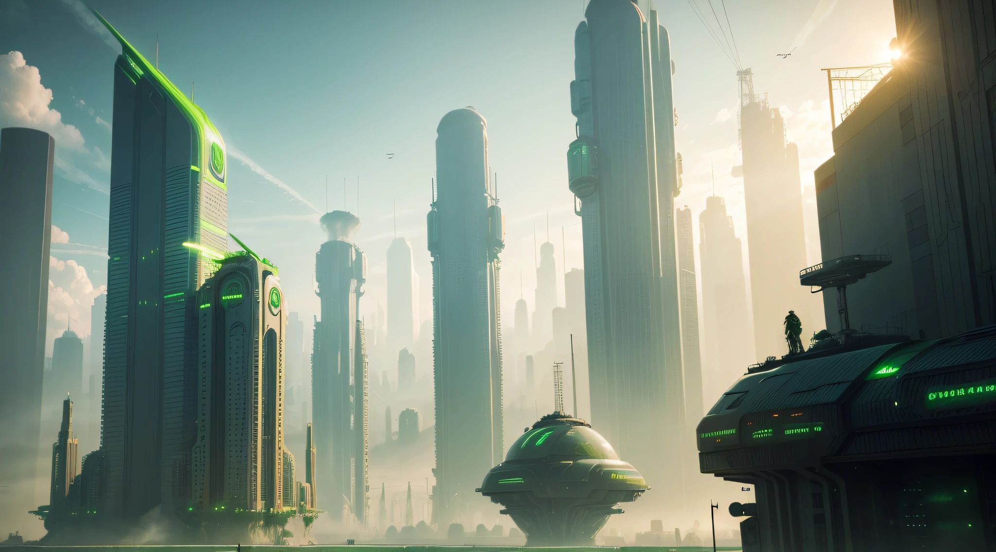Toxic city, A greenish cybernetic futuristic city with spaceships and flying cars and holograms and pollution